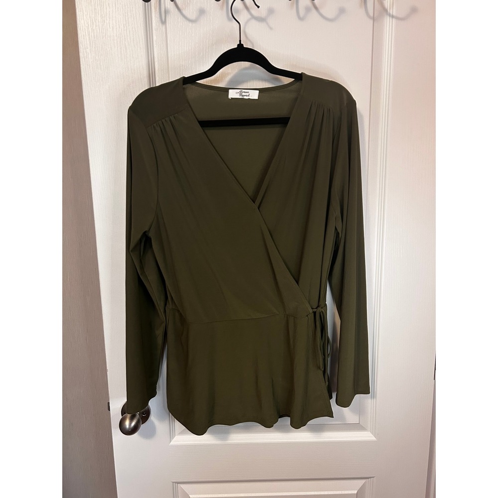 Beacon‎ Apparel Elegant Olive Green Wrap Long Sleeve Top Women's Size XL